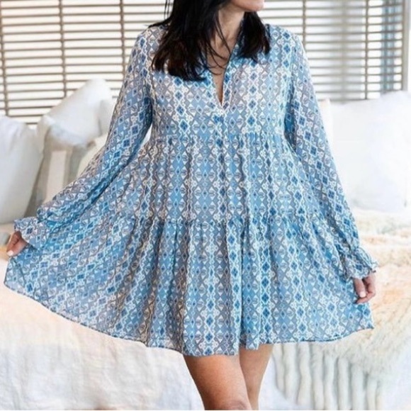 Elan Blue and White Long Sleeve Tiered Sundress - Picture 1 of 11